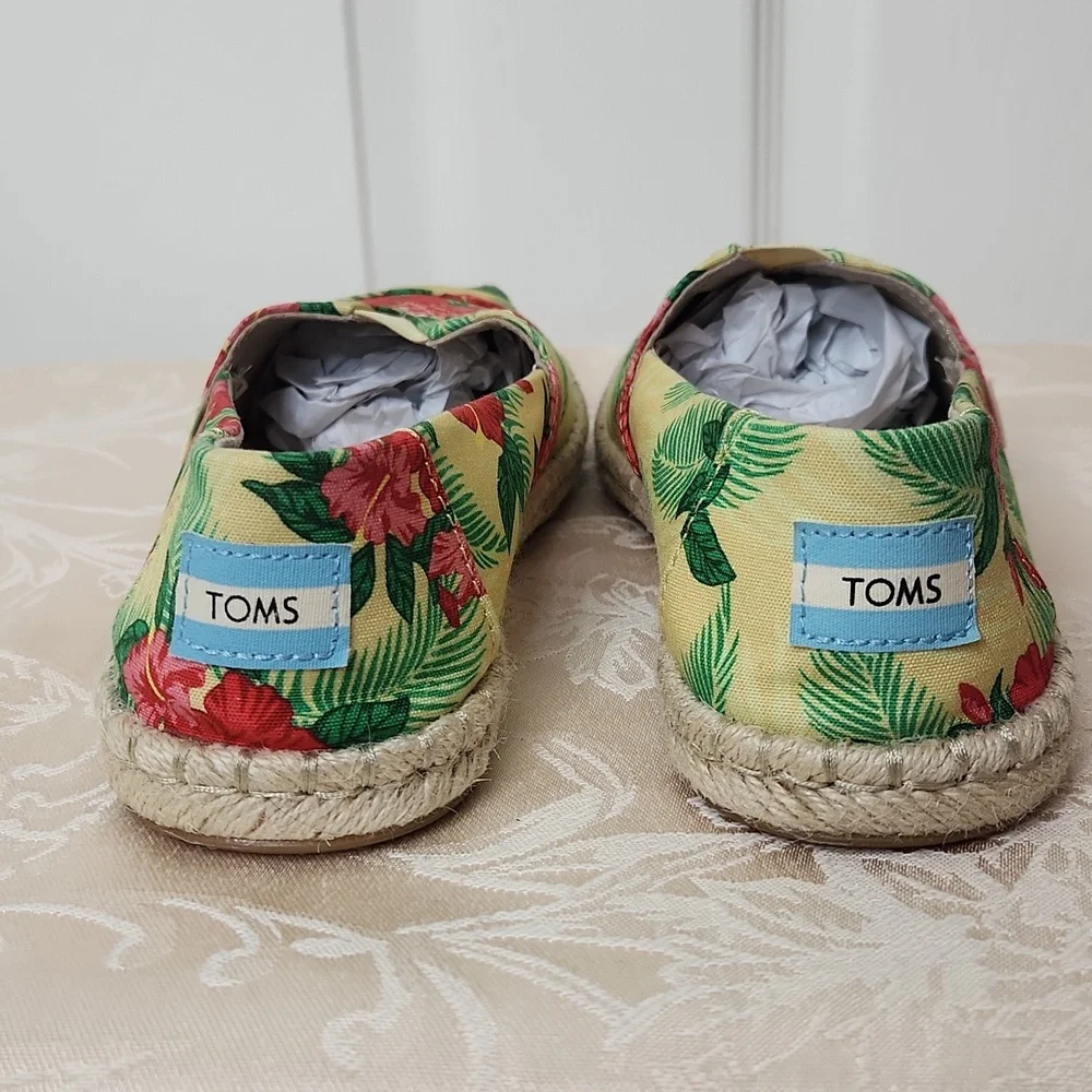 Tom's hawaiian hibiscus pale yellow floral print espadrille alpragata rope 7.5